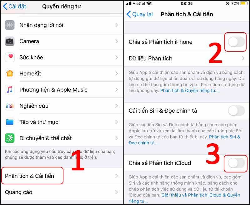 Chọn Phân tích & Cải tiến > Gạt nút sang trái để tắt phần Chia sẻ Phân tích iPhone > Gạt nút sang trái để tắt phần Chia sẻ Phân tích iCloud.